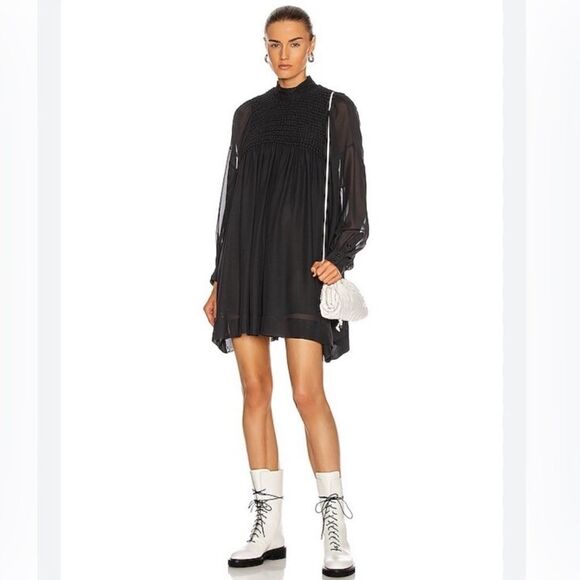 GANNI Smocked Bib Long Sleeve Chiffon Mini Dress NEW EU 42 (US 10/12) - Picture 1 of 14